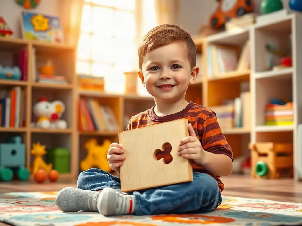 Sześcioletni chłopiec siedzący na kolorowym dywanie w przytulnym pokoju i układający drewniane puzzle.