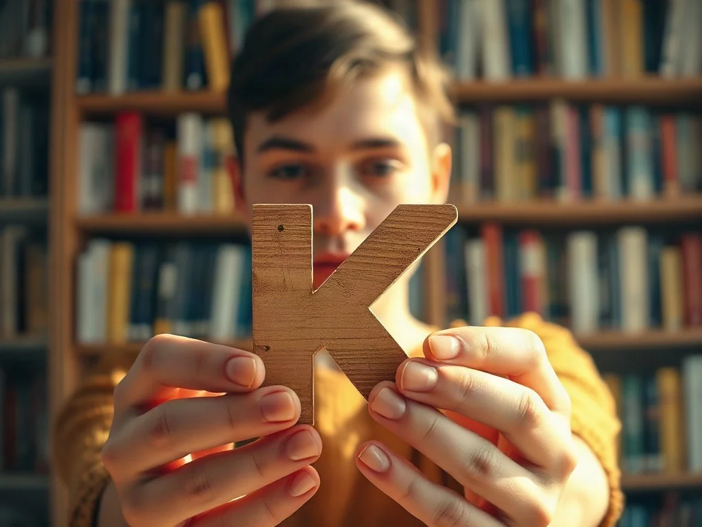 Osoba trzymająca w dłoniach drewnianą literę „K” na tle regału z książkami, nawiązująca do listy słów na tę literę.
