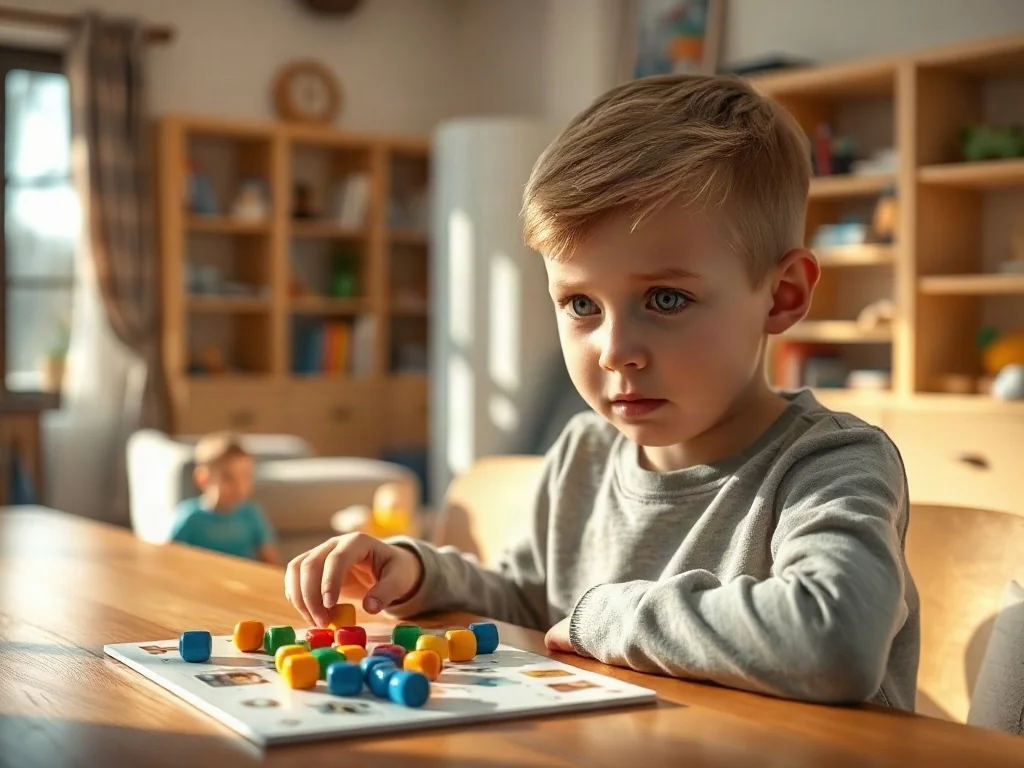 7-letni chłopiec skupiony na układaniu kolorowych puzzli przy drewnianym stole w przytulnym pokoju.