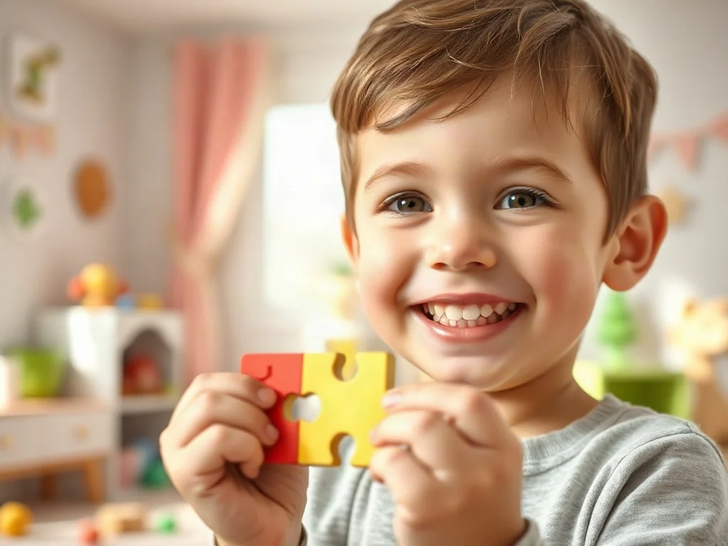 Czteroletnie dziecko z uśmiechem układa kolorowe drewniane puzzle w przytulnym pokoju zabaw.