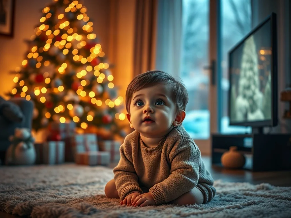 Dziecko z zachwytem ogląda świąteczny film w przytulnym salonie przy oświetlonej choince.