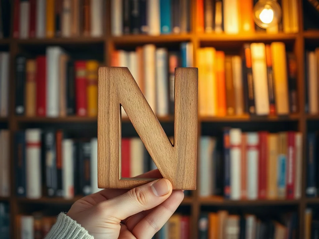Dłoń trzymająca drewnianą literę „N” na tle regałów z książkami w ciepłym, przytulnym oświetleniu.