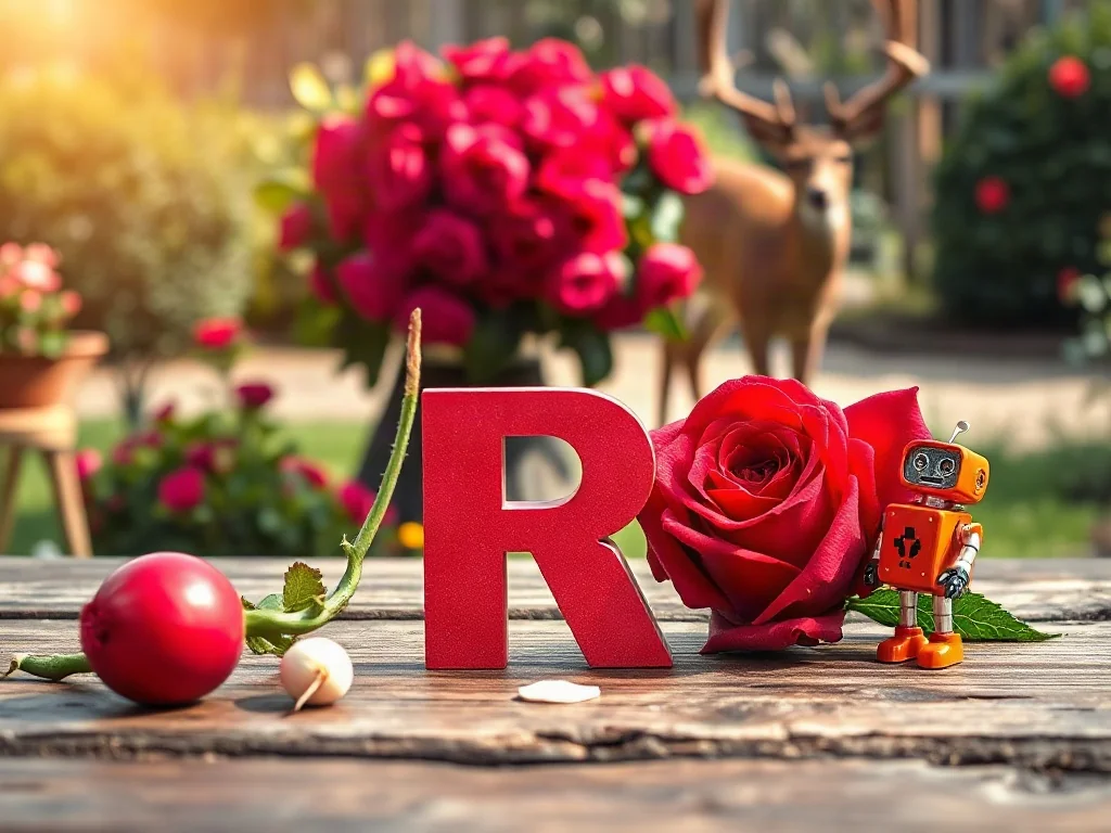 Rzodkiewka, róża i robot na drewnianym stole oraz sarna w tle, ilustrujące przedmioty i zwierzęta na literę R.