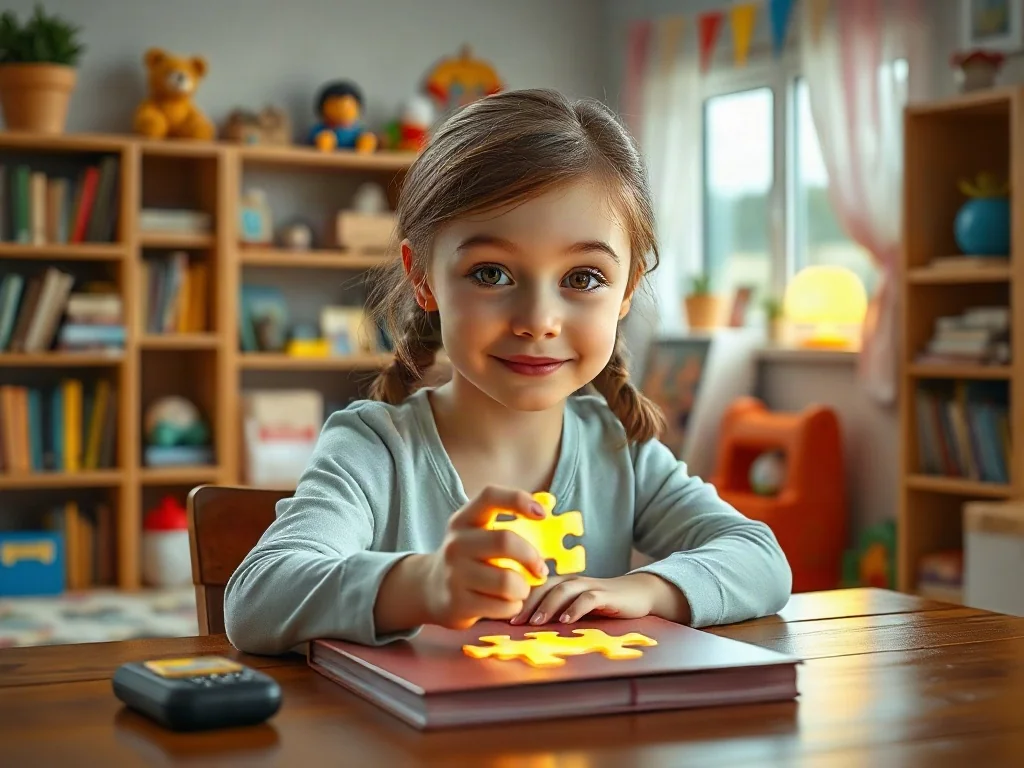 Jedenastoletnia dziewczynka trzymająca świecący element układanki w przytulnym pokoju pełnym zabawek edukacyjnych.