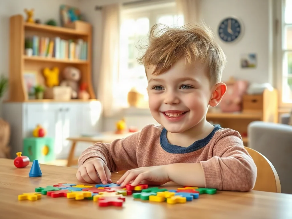 Pięcioletnie dziecko skupione na układaniu kolorowych puzzli przy drewnianym stole w przytulnym pokoju.